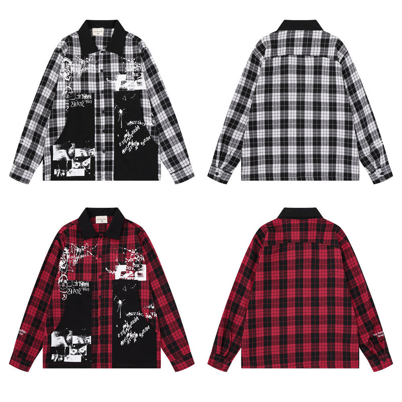 Oversized-Flanellhemd mit Karografik und Graffiti-Print – Herren-Langarmhemd im Patchwork-Stil