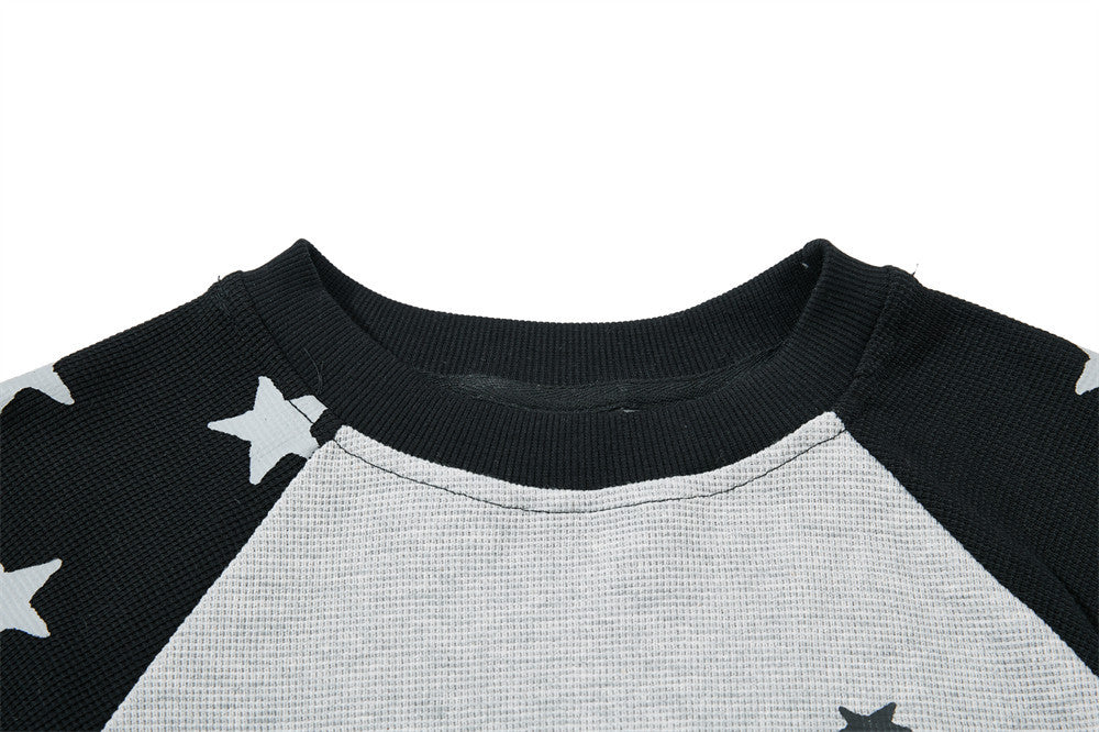 Long Sleeve Shirt Women Cowboy Star Print Raglan Waffle Knit Top
