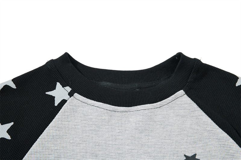 Long Sleeve Shirt Women Cowboy Star Print Raglan Waffle Knit Top