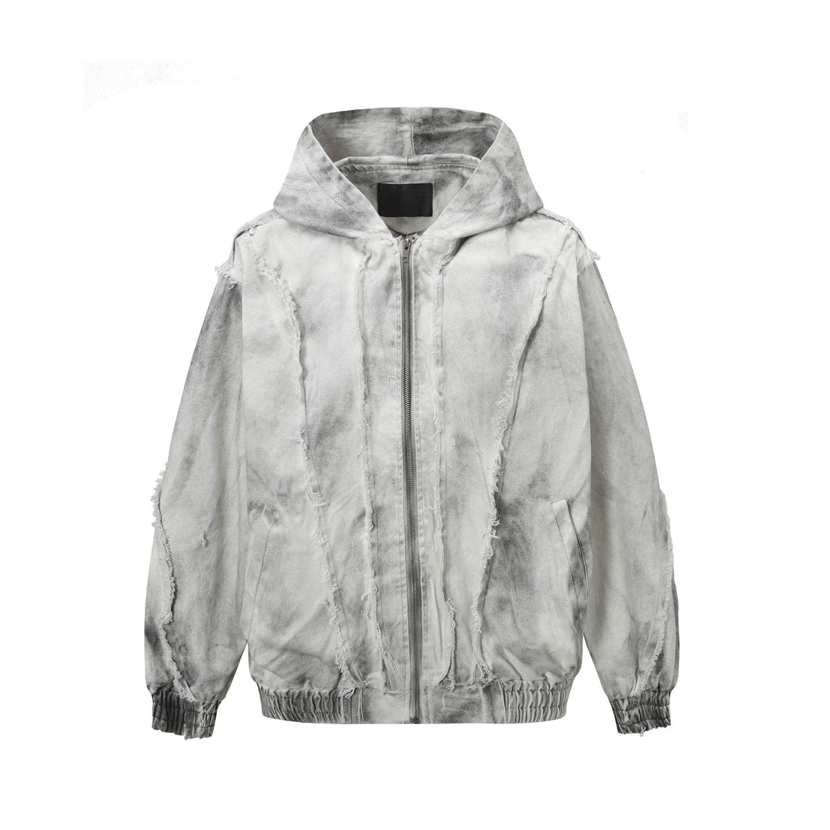 Men's oversized acid-washed distressed zip-up hooded jacket with raw-edge frayed seam patchwork in grey
