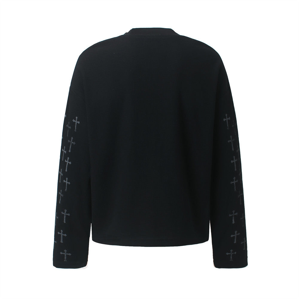 Cross Print Waffle Knit Long Sleeve Crew Neck Tee – Oversized Streetwear Graphic