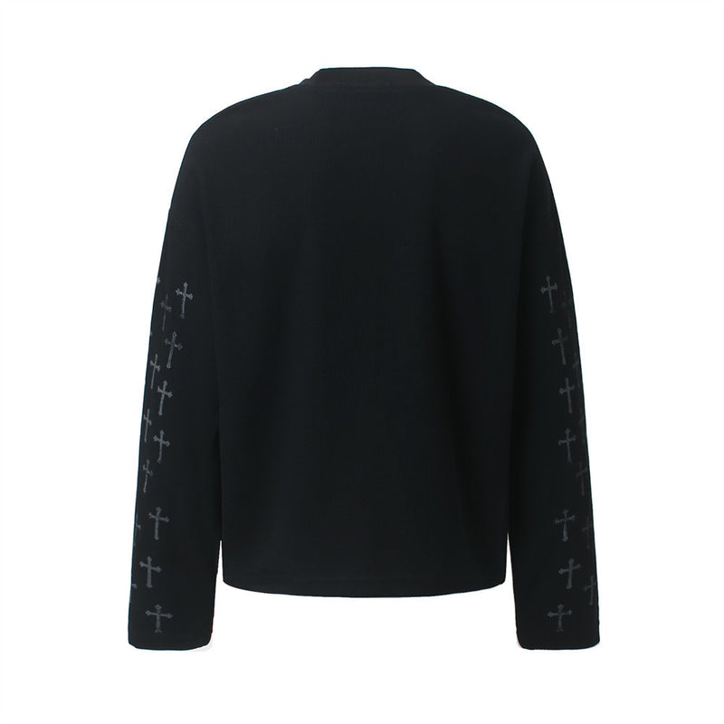 Cross Print Waffle Knit Long Sleeve Crew Neck Tee – Oversized Streetwear Graphic
