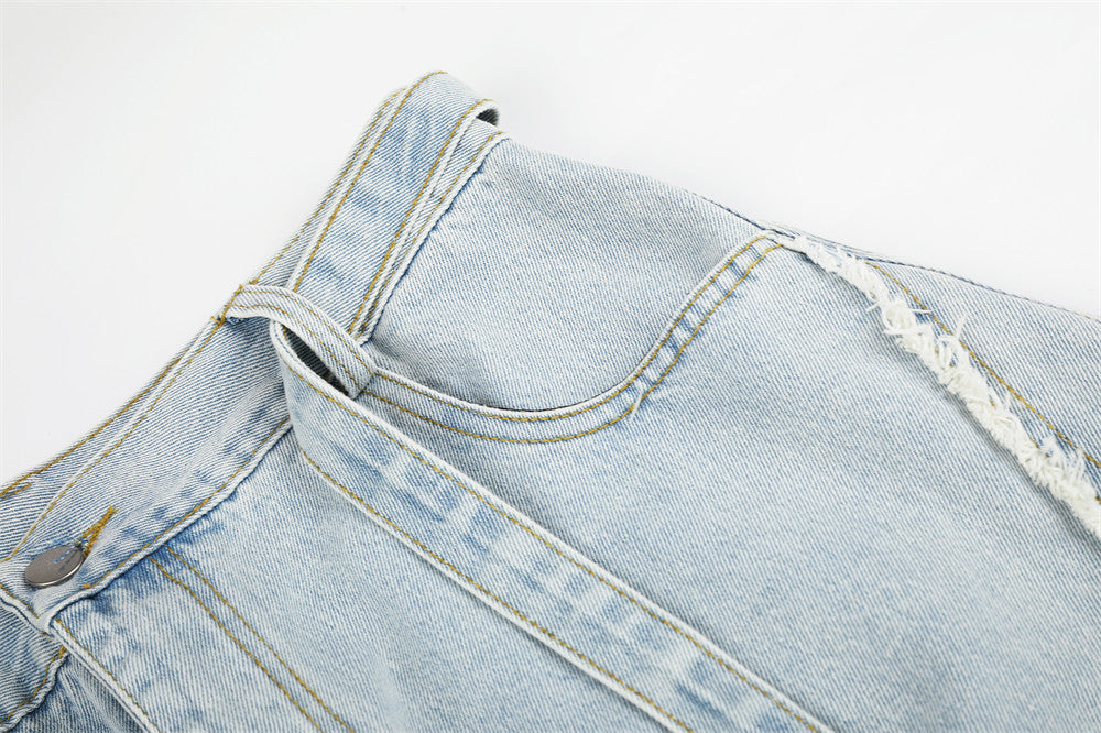 Light Wash Distressed Wide-Leg Jeans – Deconstructed Raw Edge Streetwear Denim