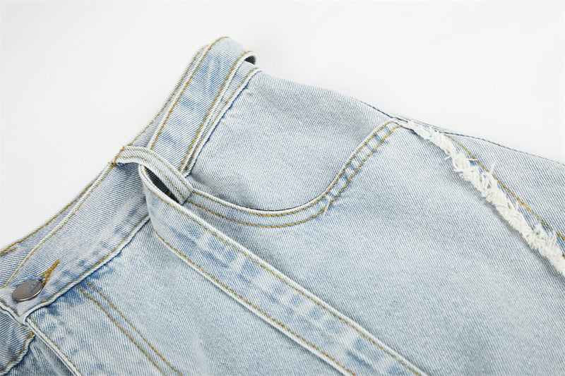 Light Wash Distressed Wide-Leg Jeans – Deconstructed Raw Edge Streetwear Denim
