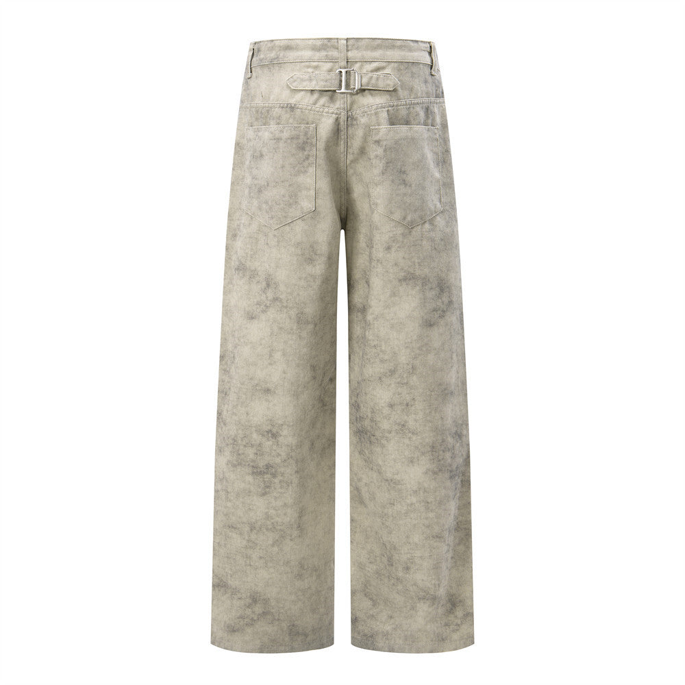 Pantalon droit wide leg – Homme, kaki délavé à l’acide, coupe décontractée et effet usé