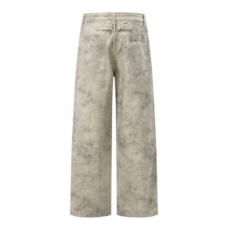Pantalon droit wide leg – Homme, kaki délavé à l’acide, coupe décontractée et effet usé