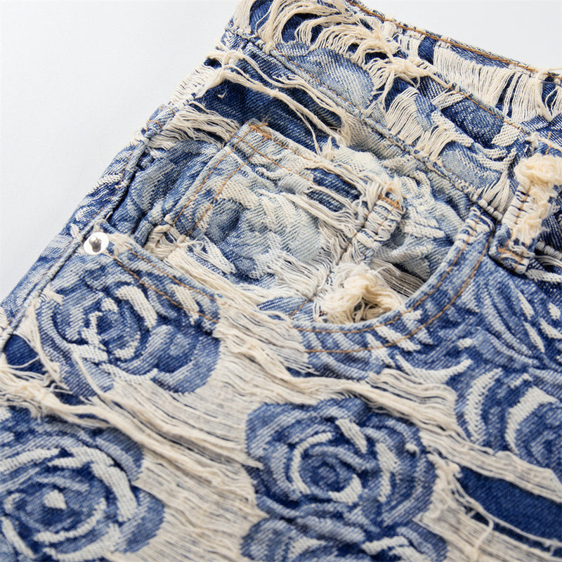 Rose Jacquard Distressed Wide-Leg Jeans – Blue Floral Fringe Denim