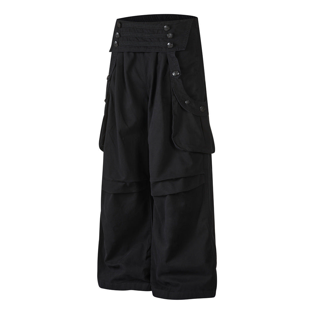 Black Cargo Pants Men – Wide Leg Double-Breasted High-Street Trousers