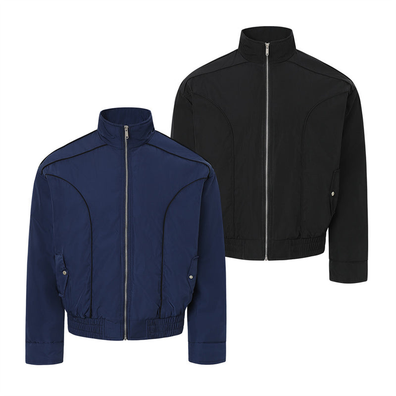 Men's Stand Collar Bomber Jacket with Padded Lining and Curved Seam Detail