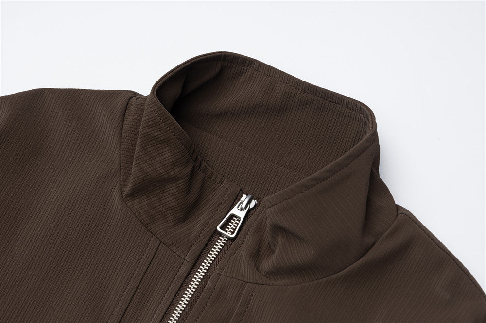 Men's Oversized Stand-Collar Zip Jacket with Cargo Pockets – Brown