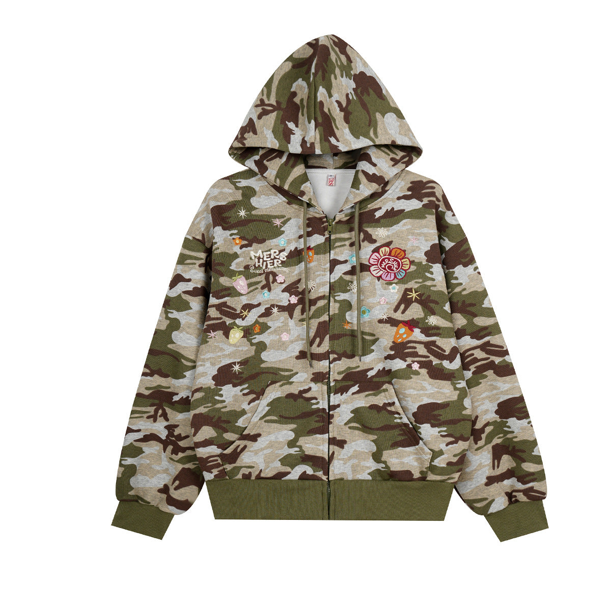 Sweat à capuche zippé oversize camouflage avec broderies colorées de fleurs et de fruits sur la poitrine, poignets et bas côtelés olive, vue de face et