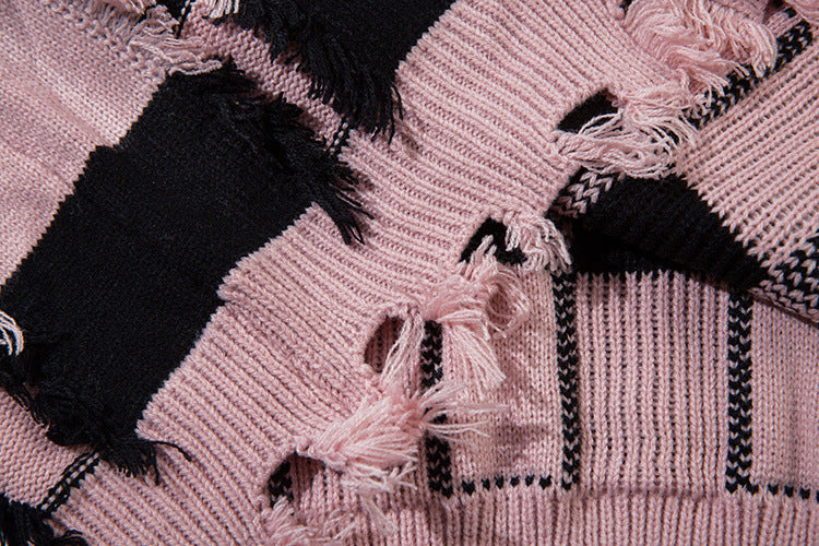 Pull oversize en maille rayée à étoiles délavée – Col rond à franges