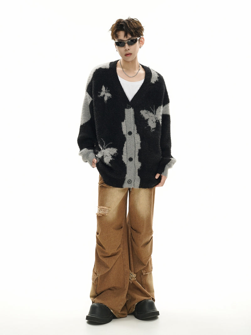 Gilet cardigan en maille jacquard papillon – Col V oversize, maille couple