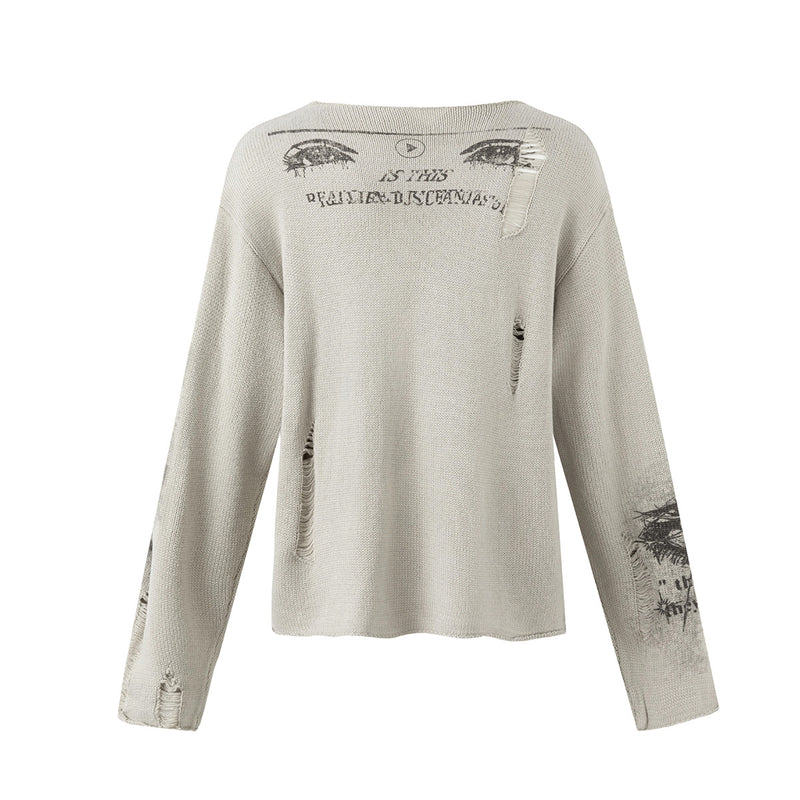 Pull à col rond graphique effet usé – Maille streetwear vintage américaine