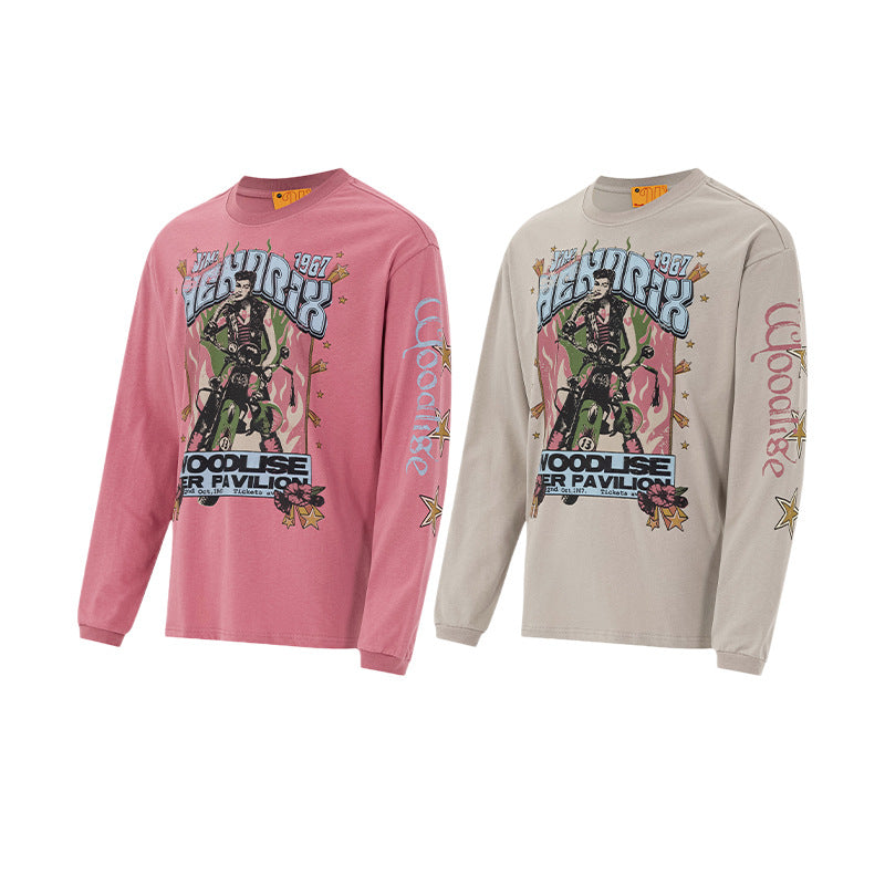 Camiseta Vintage de Manga Larga con Gráfico Moto – Estampado del Concierto de Jimi Hendrix de 1967
