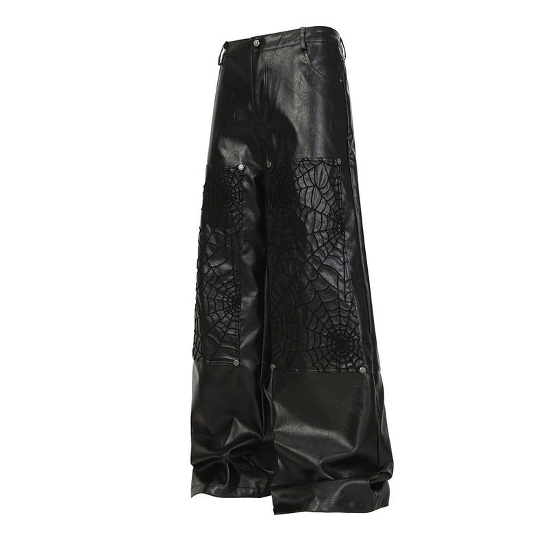 Wide-Leg Faux Leather Pants with Spiderweb Embossed Panels