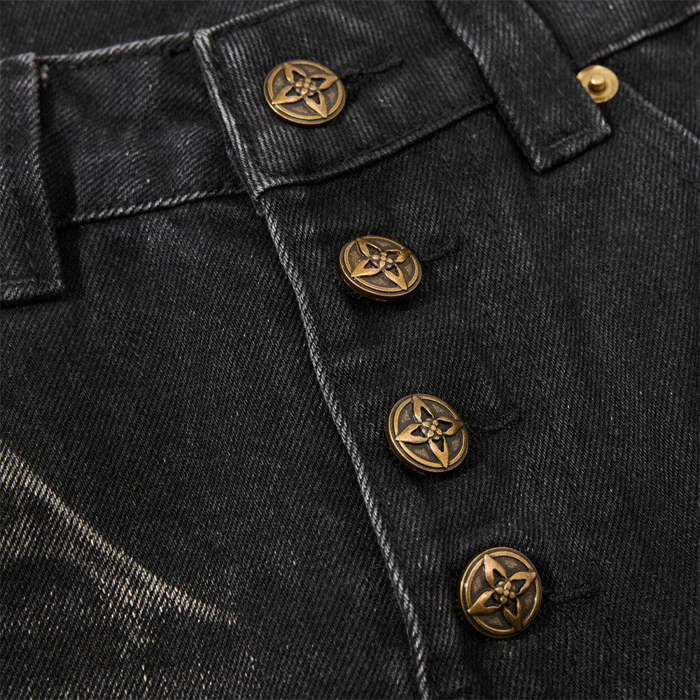 Men's Bell Bottom Jeans – Black Acid Wash Flare Leg with Lace-Up Hem & Button