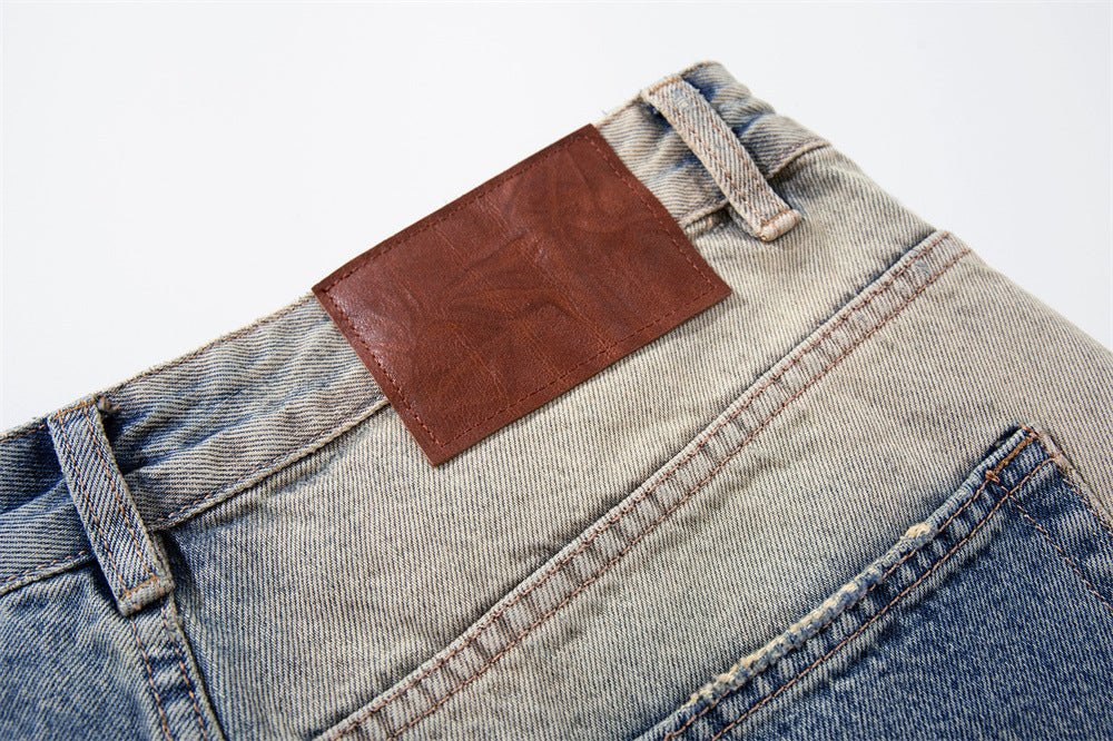 Wide-Leg Jeans with Ocean Embroidery & Gradient Wash