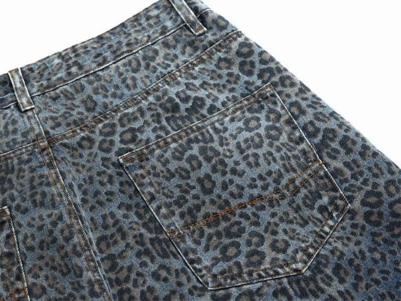 Leopard Print Wide-Leg Baggy Jeans – Oversized Curved Denim Pants