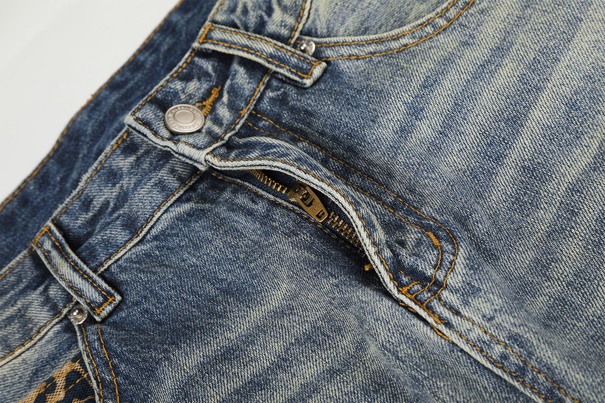 Jean baggy bleu clair à poches léopard – Denim large délavé et déchiré