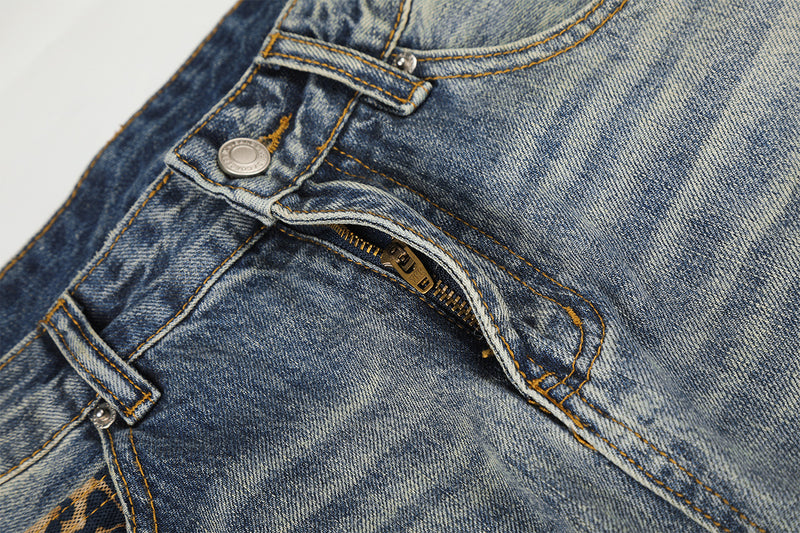 Jean baggy bleu clair à poches léopard – Denim large délavé et déchiré
