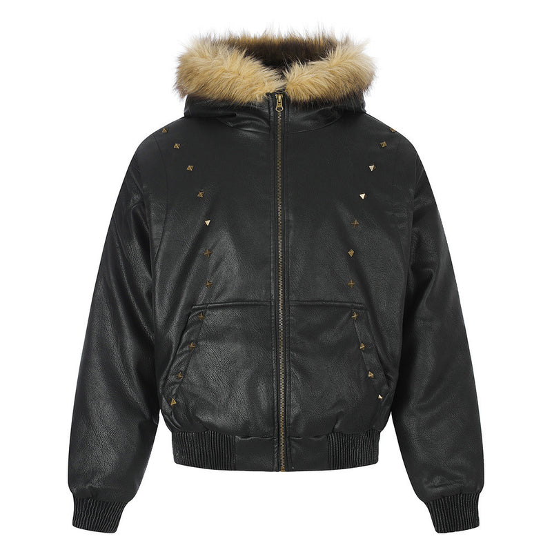 Punk Fur-Collar Studded PU Leather Hooded Bomber Jacket