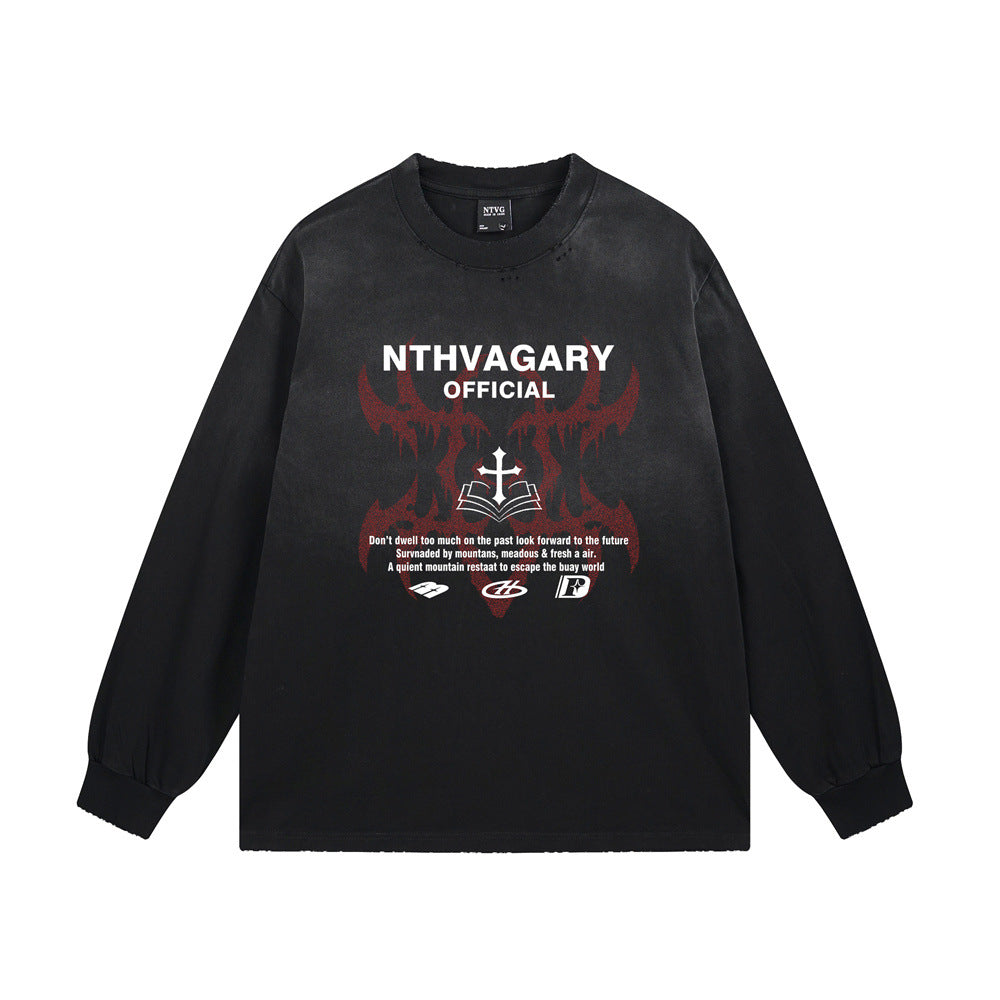 Long Sleeve T-Shirt with Cross & Flame Graphic, Distressed Washed Cotton