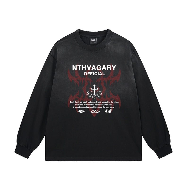 Long Sleeve T-Shirt with Cross & Flame Graphic, Distressed Washed Cotton