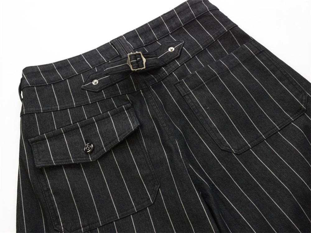 Wide-Leg Pinstripe Cargo Pants – Oversized Silhouette with Irregular Pockets