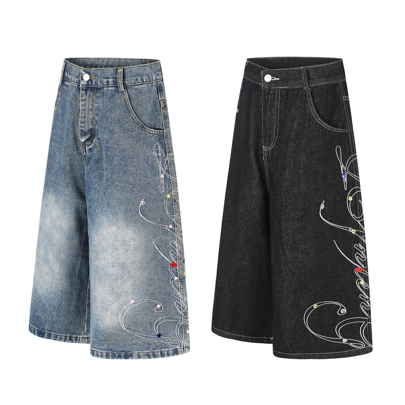 Men's Wide Leg Denim Shorts with Rhinestone Script Embroidery