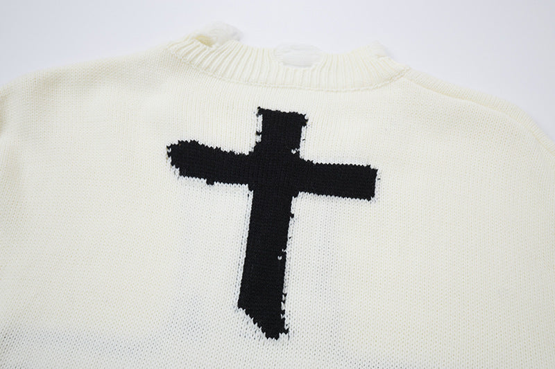 Oversize-Kreuz-Strickpullover – Distressed-Rundhals mit Jacquard-Kreuz