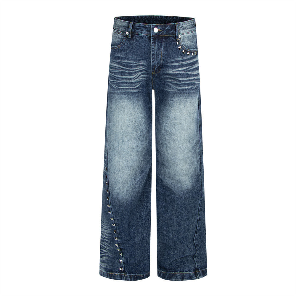 Men's Wide-Leg Jeans – Washed Dark Blue Denim with Stud Trim & Wavy Whisker