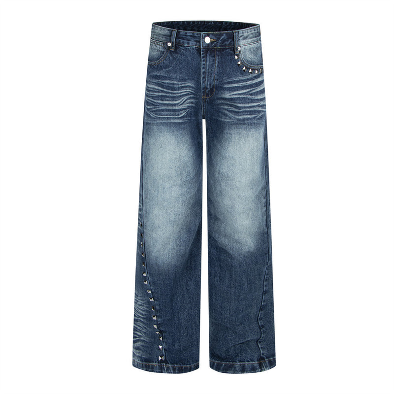 Men's Wide-Leg Jeans – Washed Dark Blue Denim with Stud Trim & Wavy Whisker