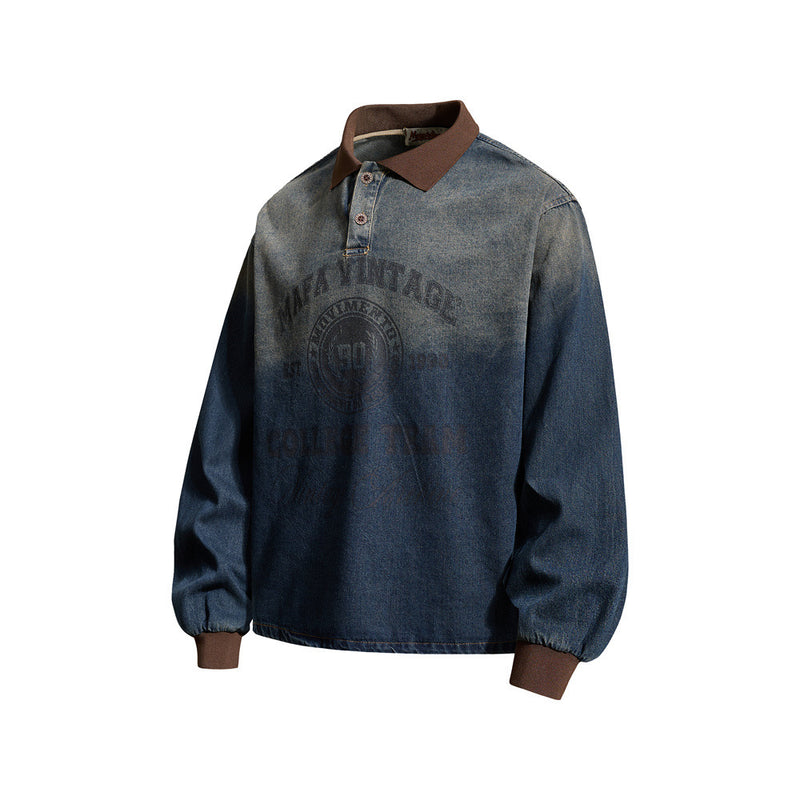 Washed Denim Long-Sleeve Polo Sweatshirt – Vintage Tie-Dye Fade, Oversized Fit