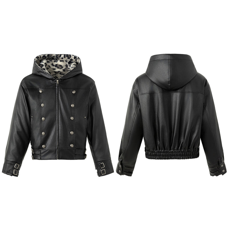 Schwarze Kunstlederjacke mit Kapuze – zweireihig mit Kapuze aus Leoparden-Kunstfell