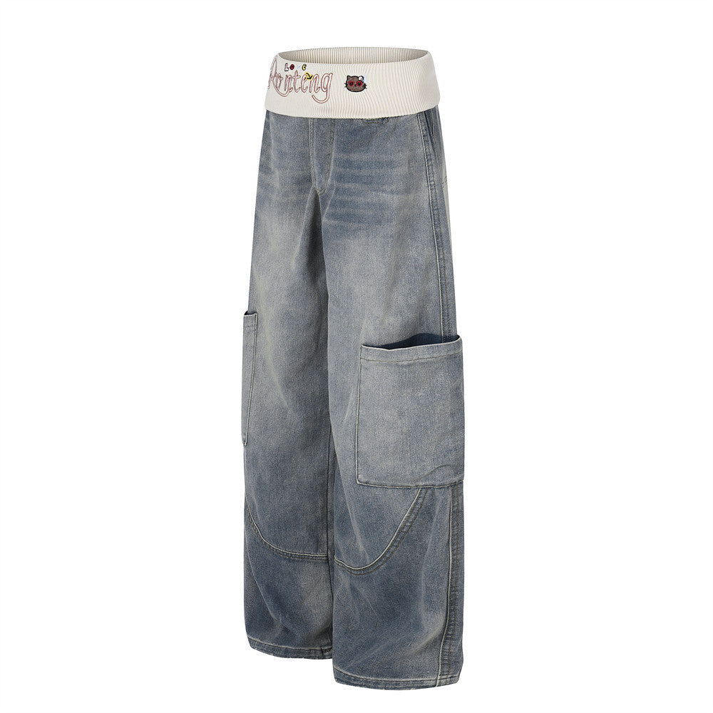 American Vintage Washed Cargo Wide-Leg Jeans with Ribbed Waistband