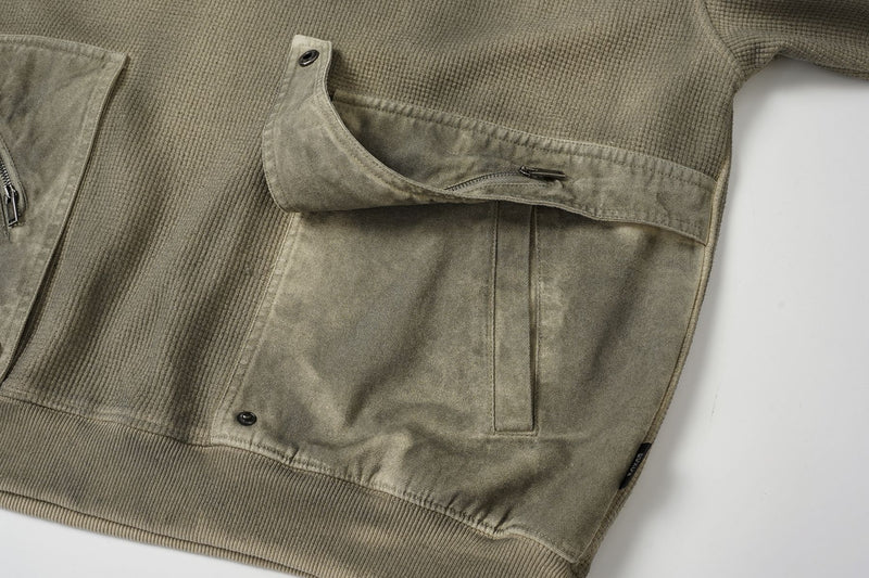 Oversized-Waffelstrick-Hoodie mit dekonstruierter Utility-Reißverschlusstaschen-Optik & Veloursleder