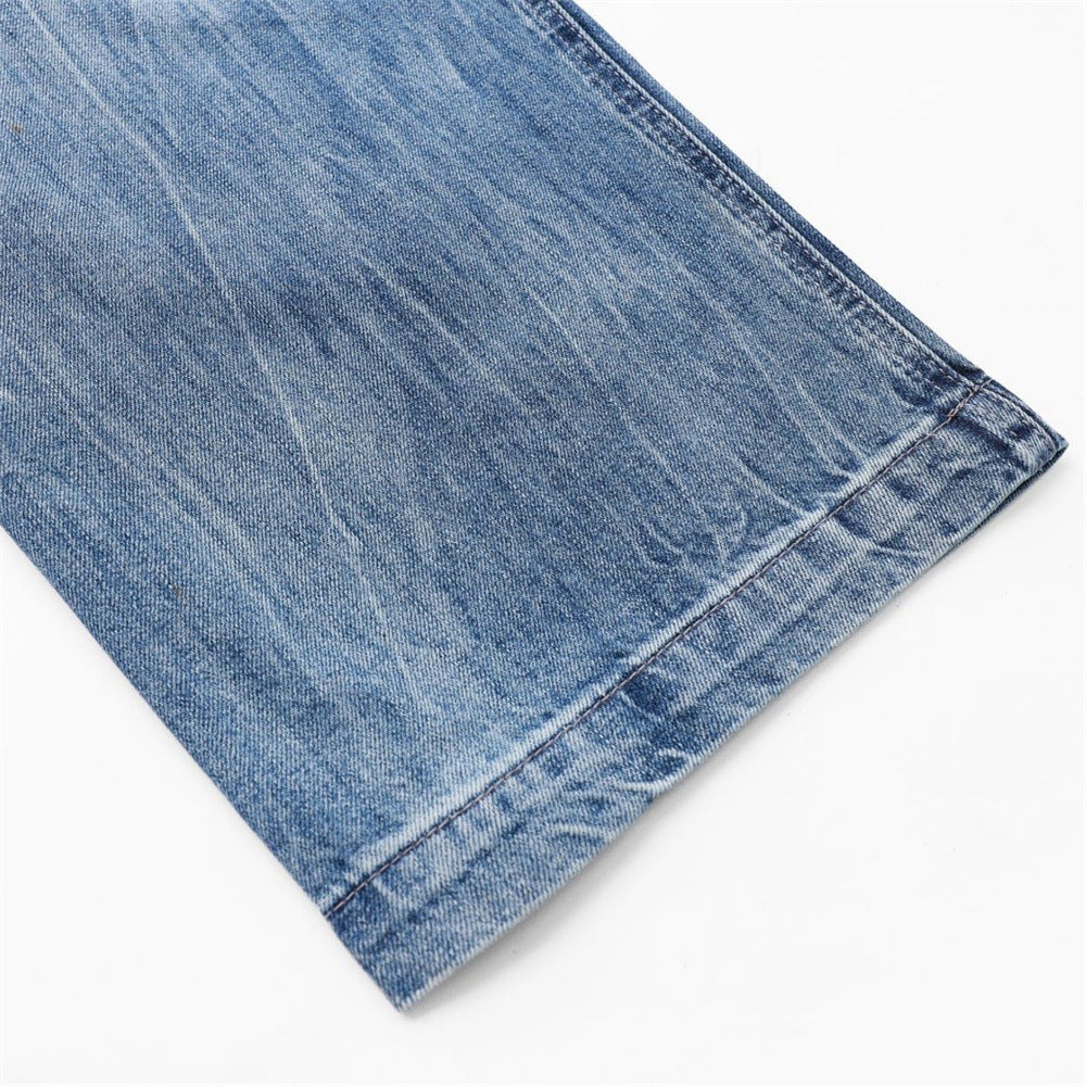 Wide-Leg Baggy Jeans – Washed Blue Curved Seam Design with Contrast Pocket
