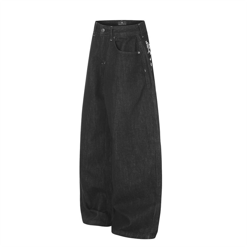 Jean barrel à jambes larges avec imprimé étoiles et script – Denim noir