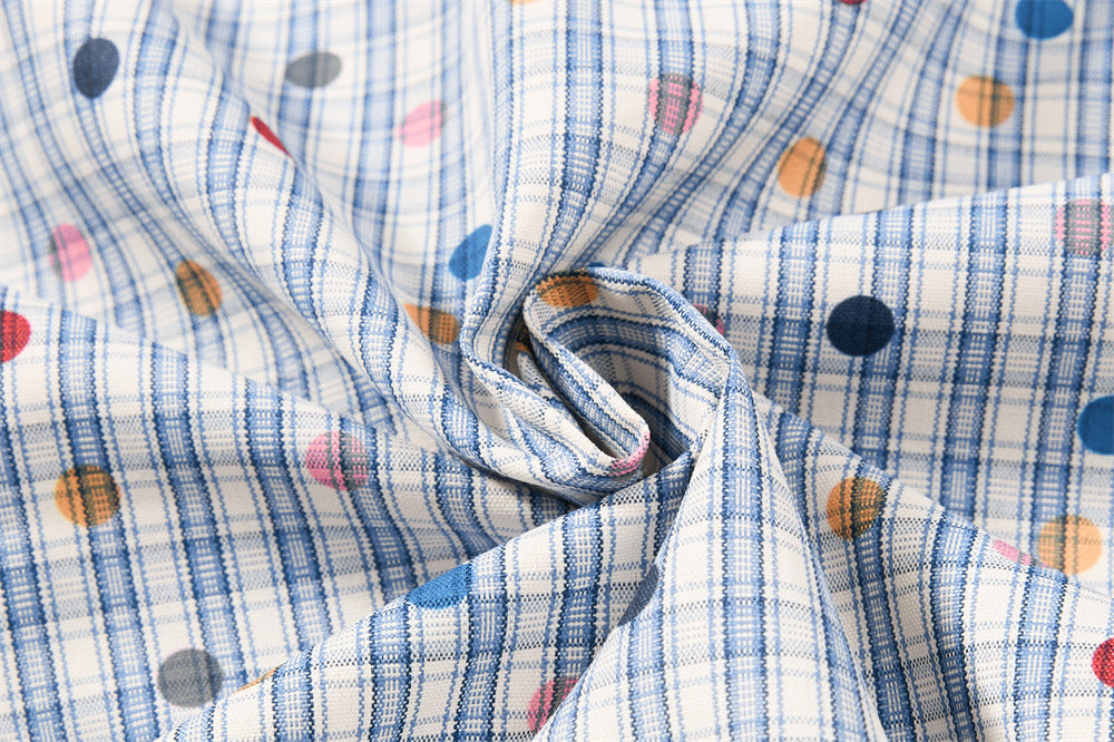 Men's Plaid Long Sleeve Shirt with Cartoon Dog Embroidery and Colorful Polka Dot