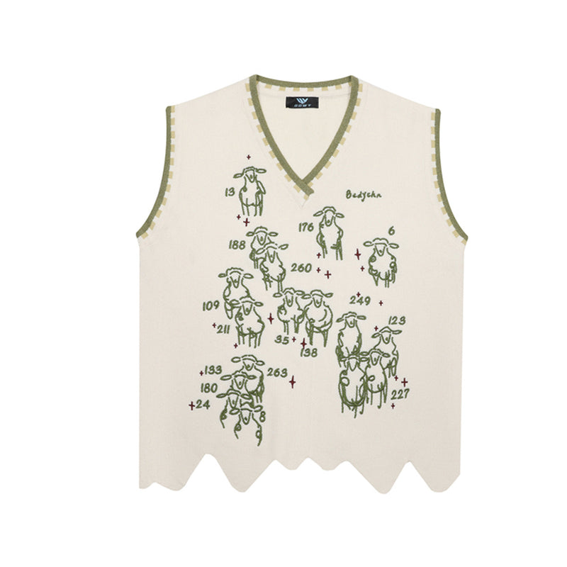 V-Neck Knit Sweater Vest with Sheep Jacquard Graphic — Retro College Style