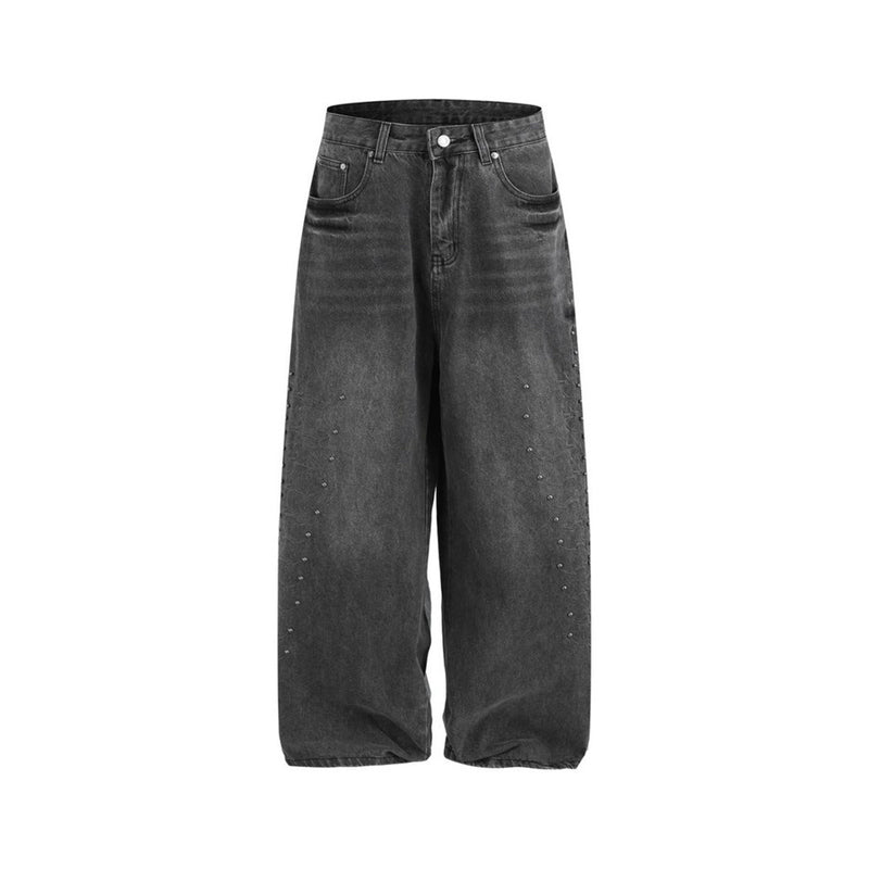 Men's Baggy Wide-Leg Jeans – Studded & Embroidered Washed Denim