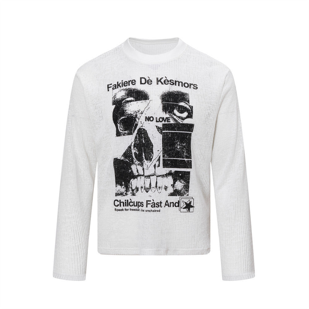 T-shirt homme blanc côtelé à manches longues, imprimé collage de crânes effet usé et inscription « NO LOVE » sur la poitrine