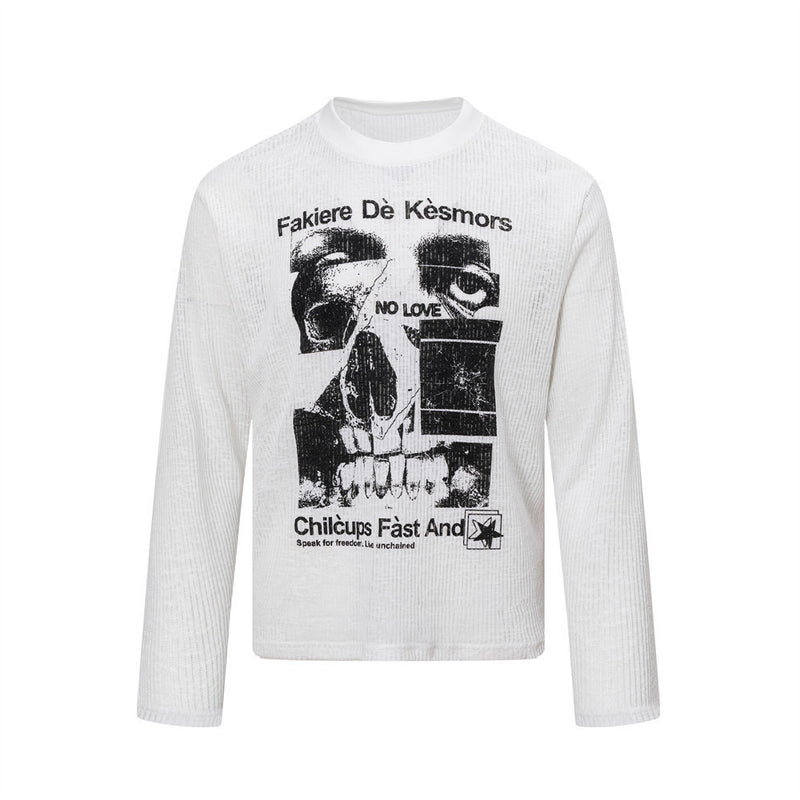 T-shirt homme blanc côtelé à manches longues, imprimé collage de crânes effet usé et inscription « NO LOVE » sur la poitrine