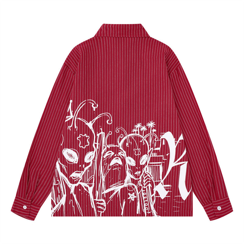 Red and White Striped Long Sleeve Shirt with Gothic Change Print & Graffiti Back