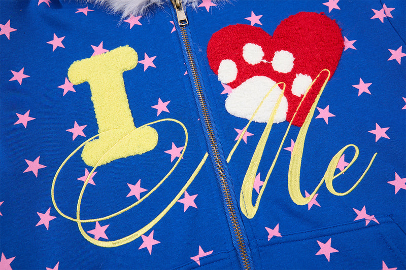 Hoodie zippé à motif étoiles, capuche bordée de fausse fourrure et motif « I ♥ Me »