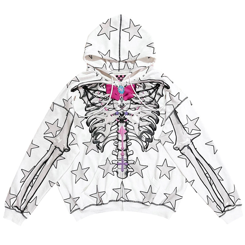 The Seakoff Gothic Skeleton Star Hoodie combines alternative fashion with a white base featuring a skeleton ribcage and black outlined stars, a central purple bowtie, and skeletal arm designs on the sleeves for a complete gothic fashion statement.