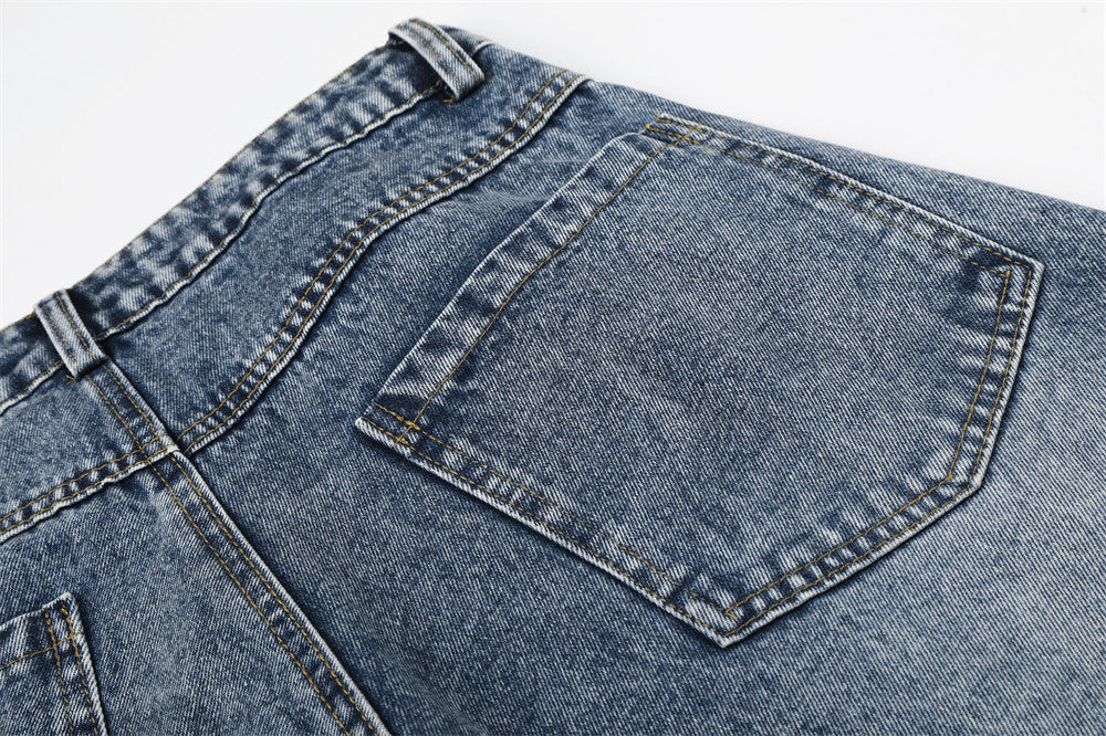 Cartoon Embroidered Wide-Leg Denim Shorts with Detachable Plaid Scarf Tie