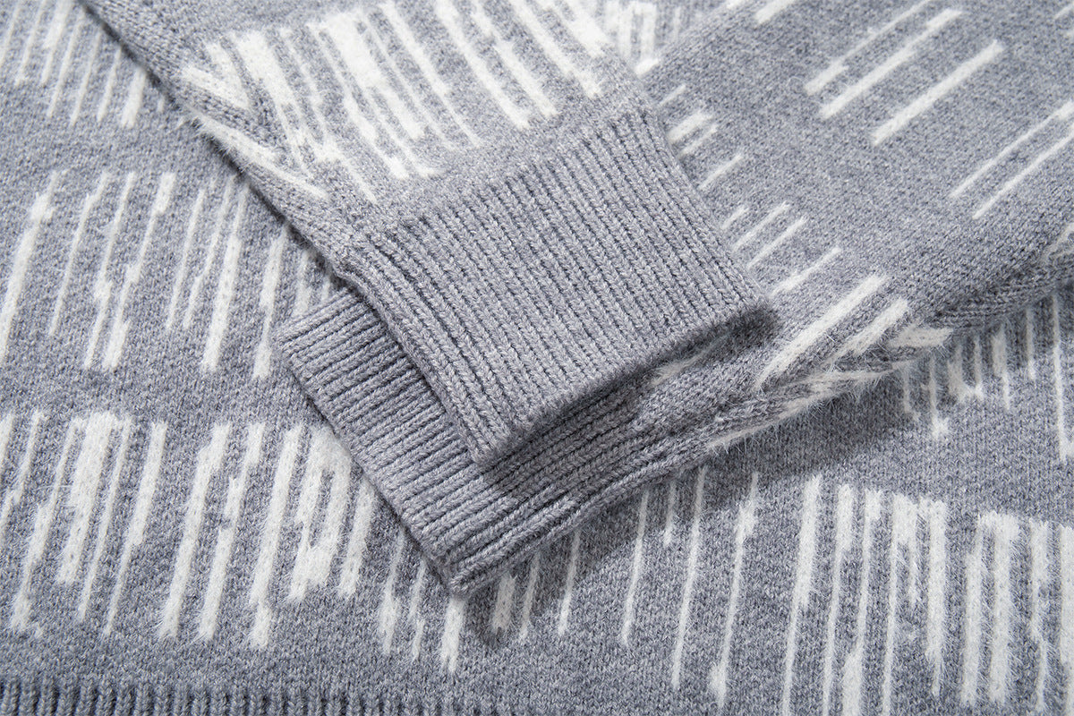 Abstract Stripe Jacquard Knit Sweater – Henley Neck, Oversized Fit