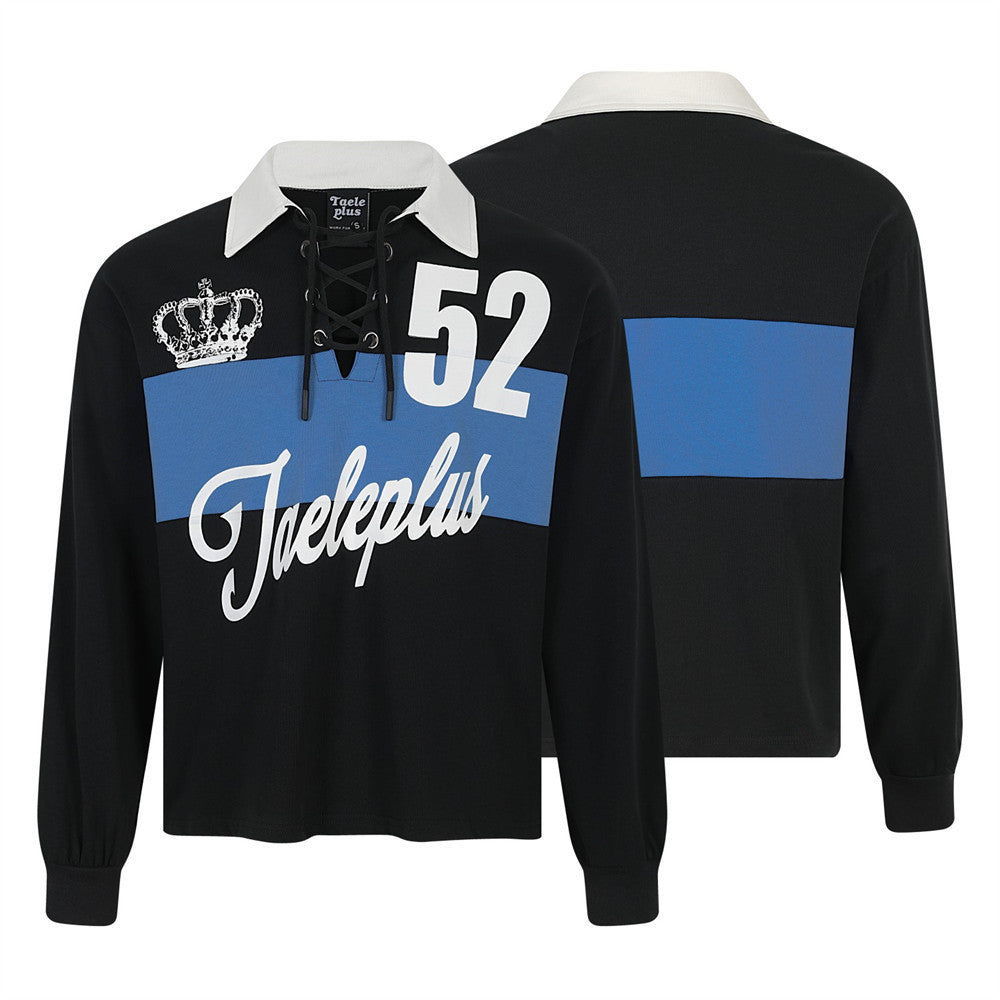 Men's Long Sleeve Rugby Polo Shirt – Black & Blue Colorblock Lace-Up Collar with